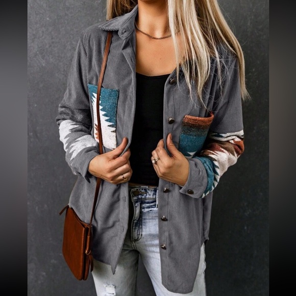 Cozy Boho Aztec Print Corduroy Pocket Jacket Shacket Button Down Shirt - Picture 1 of 6